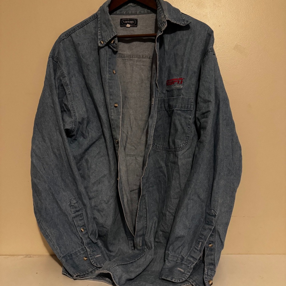 Vintage 1994 ESPN Anniversary Medium Denim Embroidered Button Up 90s Y2K